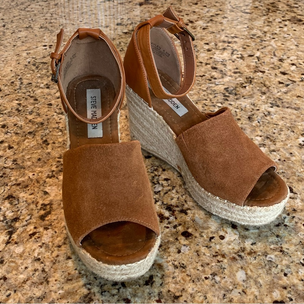 STEVE MADDEN Jaylen Wedge Espadrilles Platform Sandals Size 8.5 Cognac B… - Picture 2 of 12